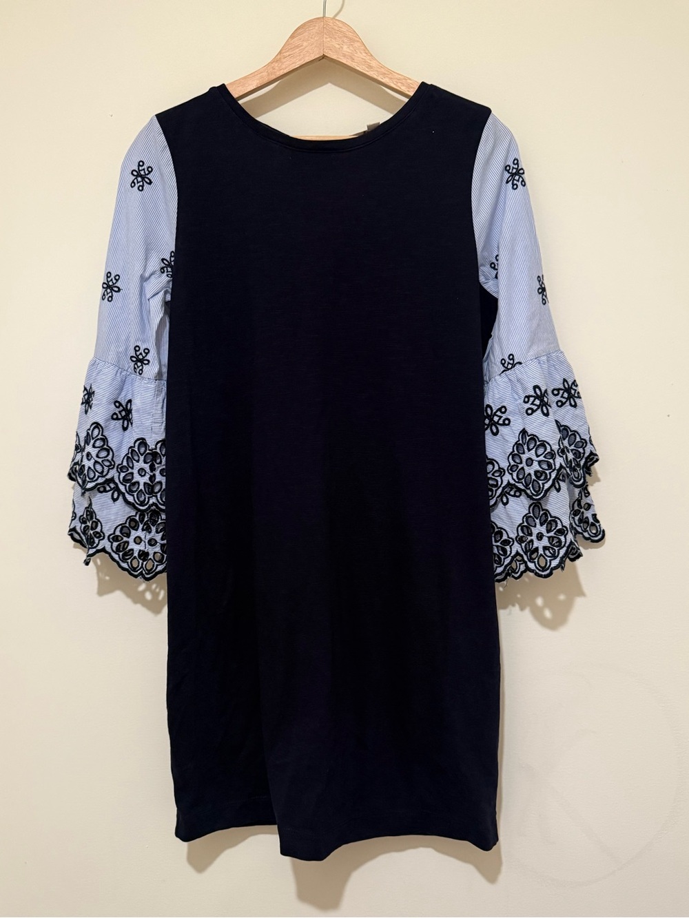 LOFT Navy Shift Dress with Light Blue Embroidered Bell Sleeves